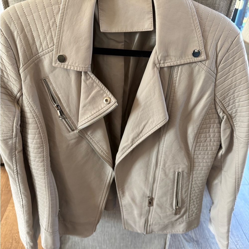 Beige Quilted Faux Leather Jacket